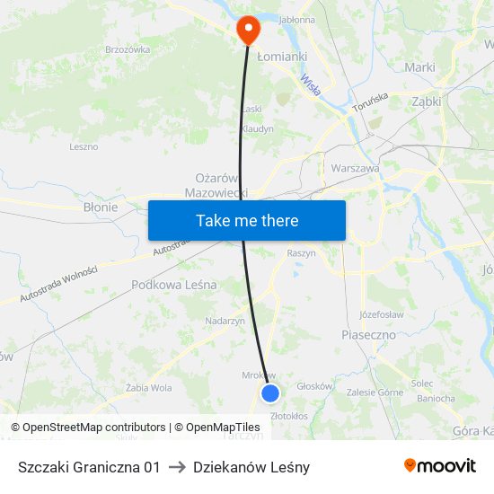 Szczaki Graniczna 01 to Dziekanów Leśny map