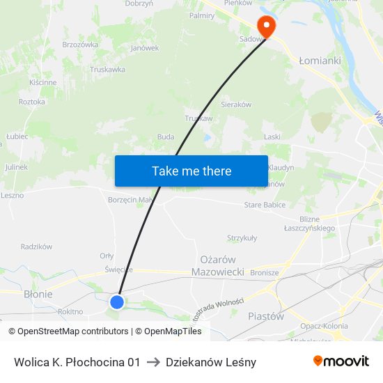 Wolica K. Płochocina 01 to Dziekanów Leśny map