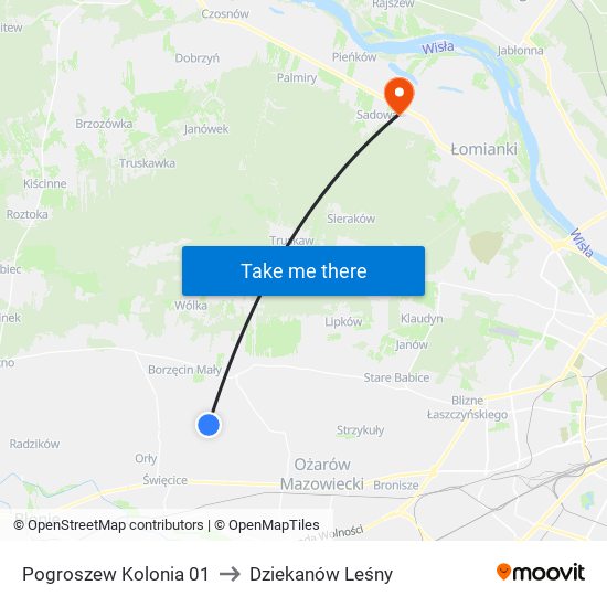 Pogroszew Kolonia to Dziekanów Leśny map