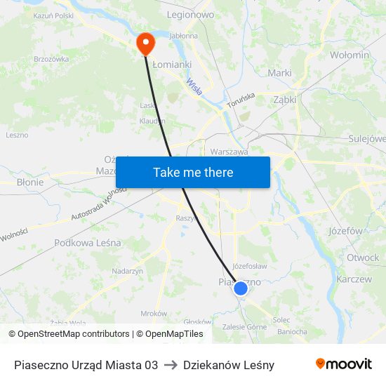 Piaseczno Urząd Miasta 03 to Dziekanów Leśny map