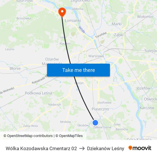 Wólka Kozodawska Cmentarz to Dziekanów Leśny map