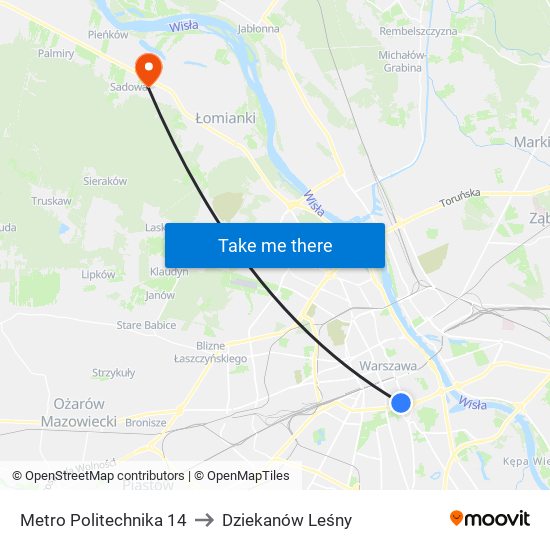 Metro Politechnika 14 to Dziekanów Leśny map