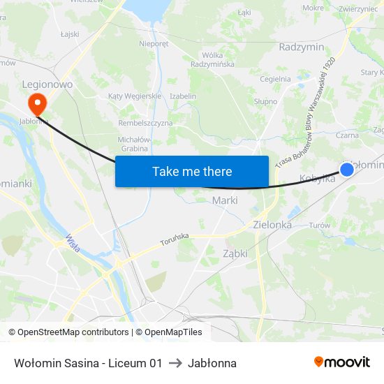 Wołomin Sasina - Liceum 01 to Jabłonna map