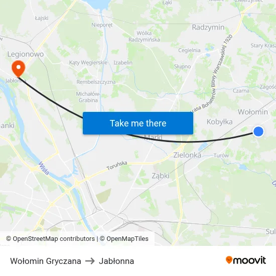 Wołomin Gryczana to Jabłonna map