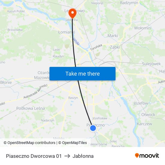 Piaseczno Dworcowa to Jabłonna map