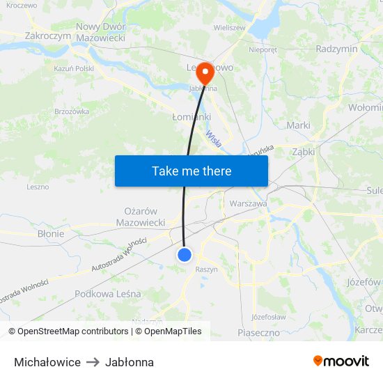 Michałowice to Jabłonna map