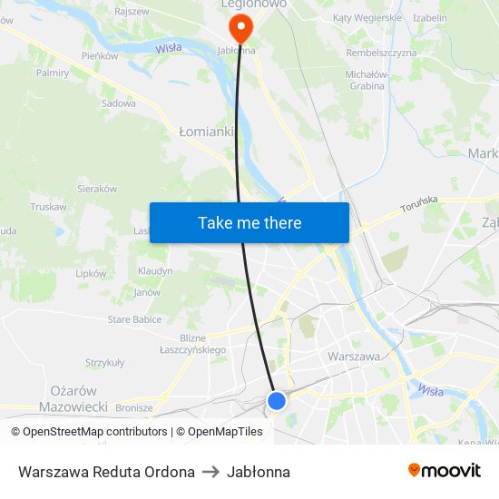 Warszawa Reduta Ordona to Jabłonna map