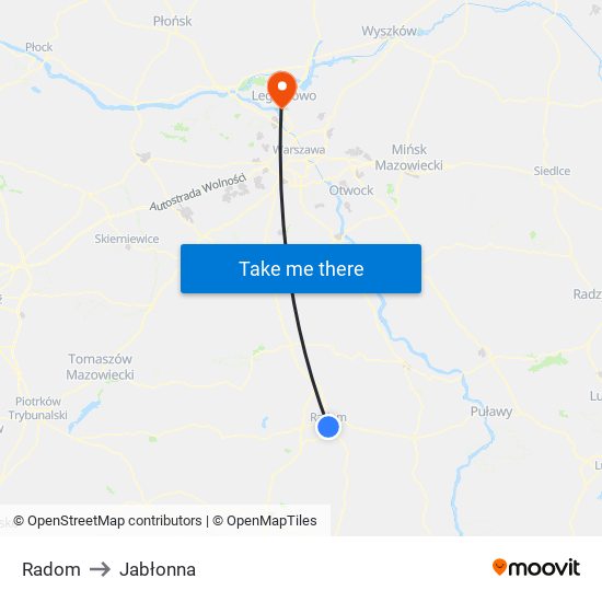 Radom to Jabłonna map