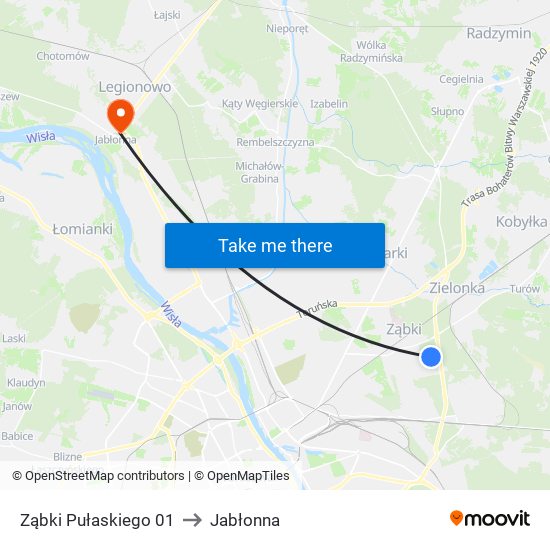 Ząbki Pułaskiego 01 to Jabłonna map