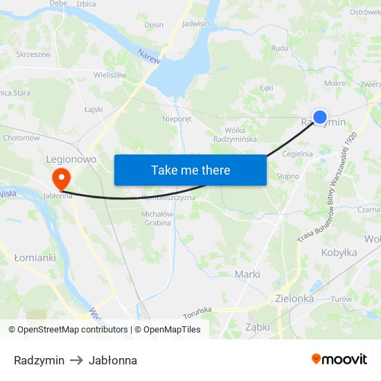 Radzymin to Jabłonna map