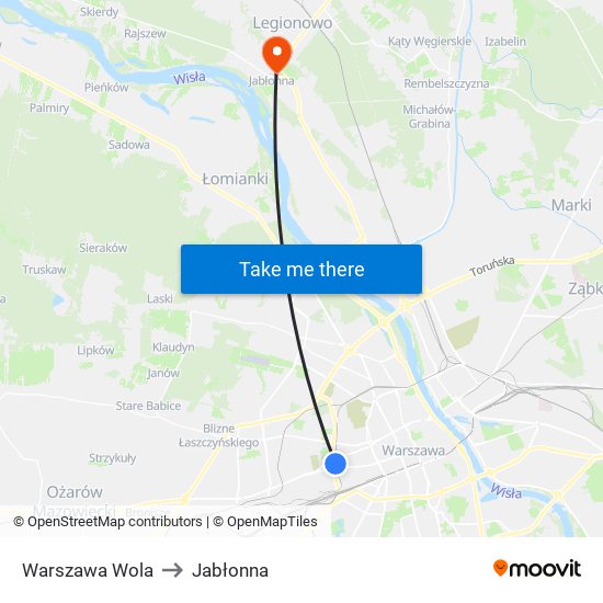 Warszawa Wola to Jabłonna map