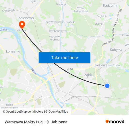 Warszawa Mokry Ług to Jabłonna map