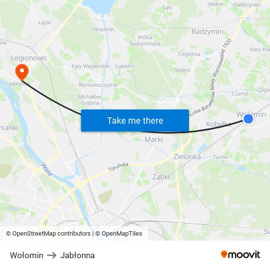 Wołomin to Jabłonna map