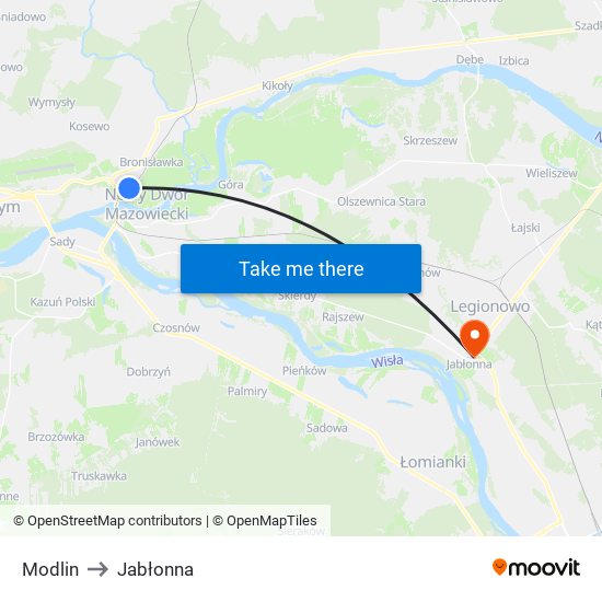 Modlin to Jabłonna map