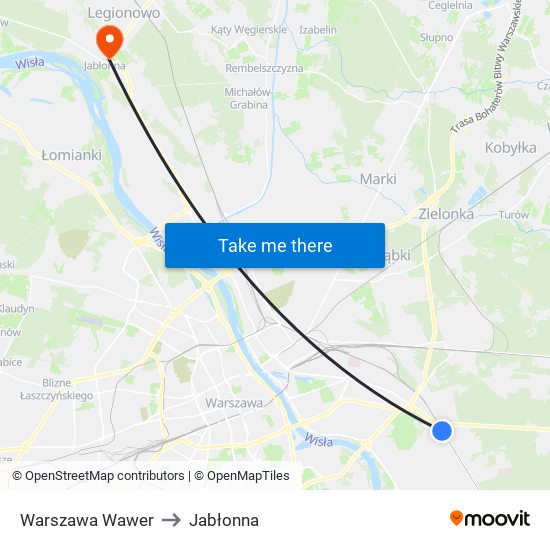 Warszawa Wawer to Jabłonna map