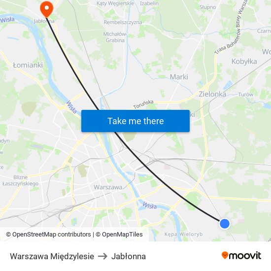 Warszawa Międzylesie to Jabłonna map