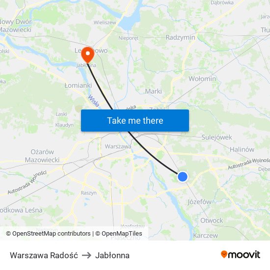 Warszawa Radość to Jabłonna map