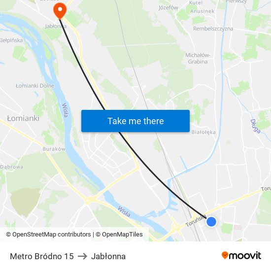 Metro Bródno 15 to Jabłonna map