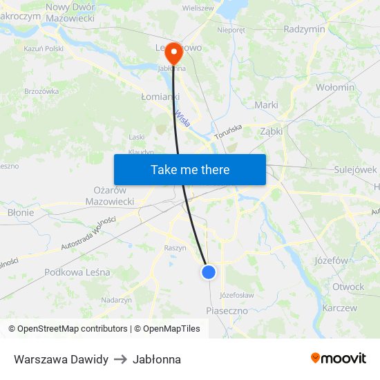 Warszawa Dawidy to Jabłonna map