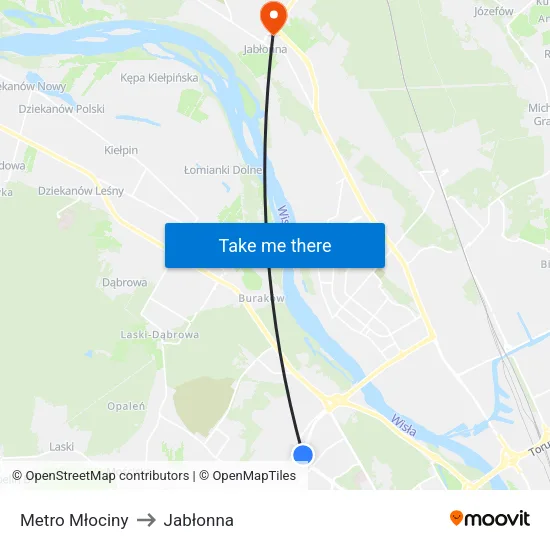 Metro Młociny to Jabłonna map