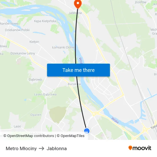 Metro Młociny to Jabłonna map
