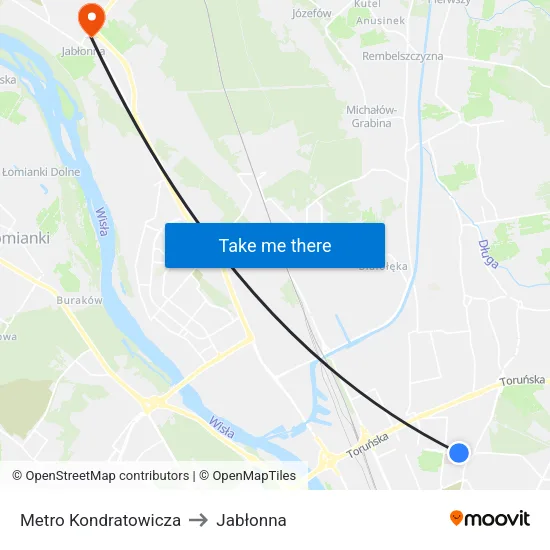 Metro Kondratowicza to Jabłonna map