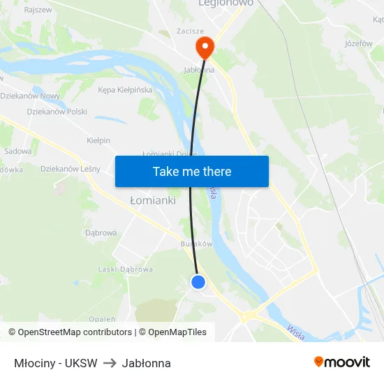 Młociny - UKSW to Jabłonna map