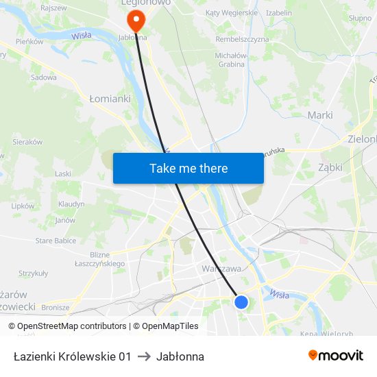 Łazienki Królewskie to Jabłonna map