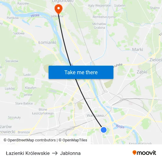 Łazienki Królewskie to Jabłonna map