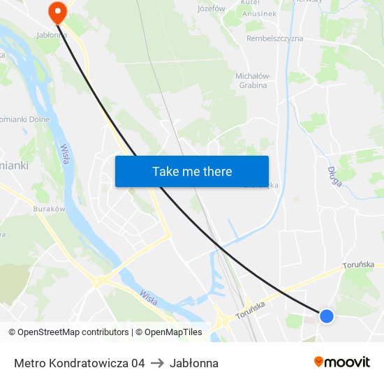 Metro Kondratowicza to Jabłonna map