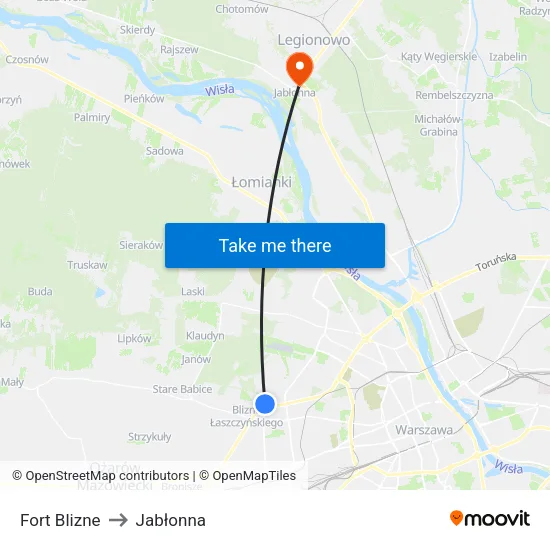 Fort Blizne to Jabłonna map