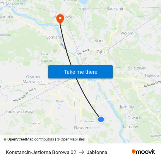 Konstancin-Jeziorna Borowa to Jabłonna map