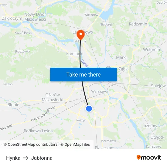 Hynka to Jabłonna map