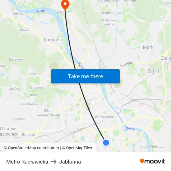 Metro Racławicka to Jabłonna map