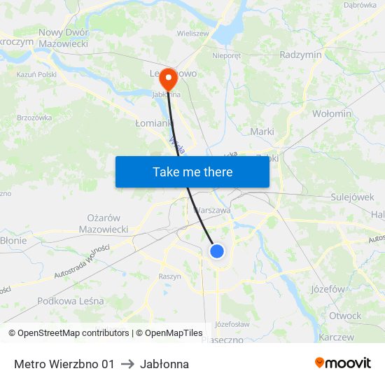 Metro Wierzbno to Jabłonna map