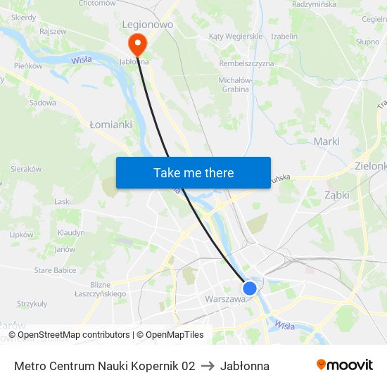 Metro Centrum Nauki Kopernik to Jabłonna map