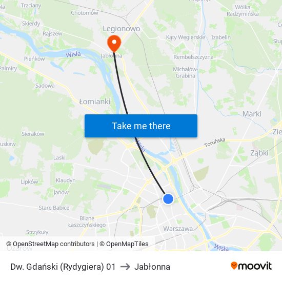 Dw. Gdański (Rydygiera) to Jabłonna map