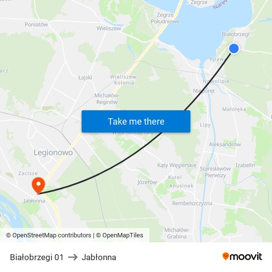 Białobrzegi to Jabłonna map