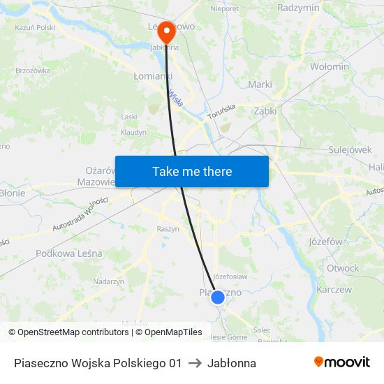 Piaseczno Wojska Polskiego to Jabłonna map