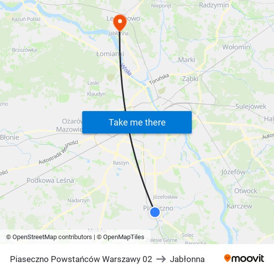 Piaseczno Powstańców Warszawy 02 to Jabłonna map