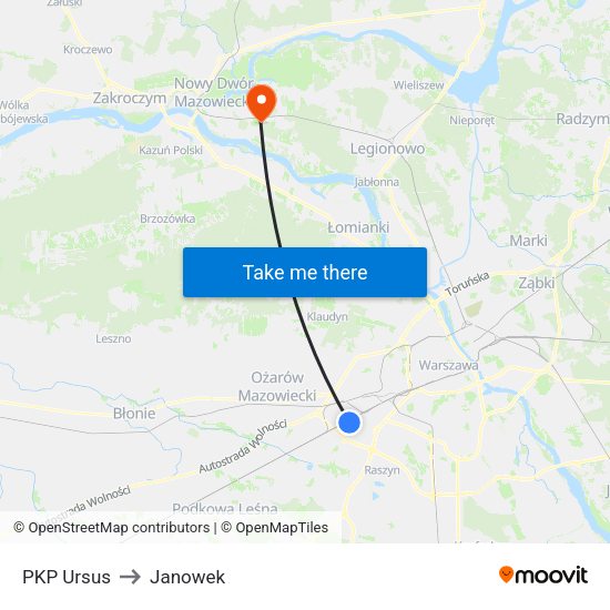 PKP Ursus to Janowek map