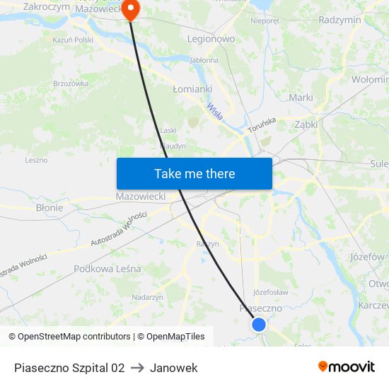 Piaseczno Szpital to Janowek map