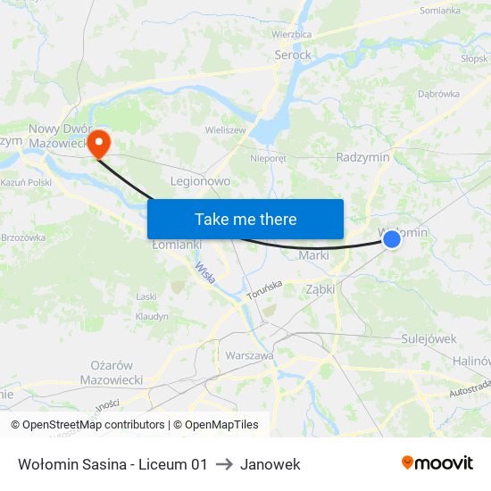 Wołomin Sasina - Liceum 01 to Janowek map