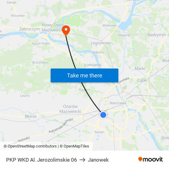 PKP WKD Al. Jerozolimskie 06 to Janowek map