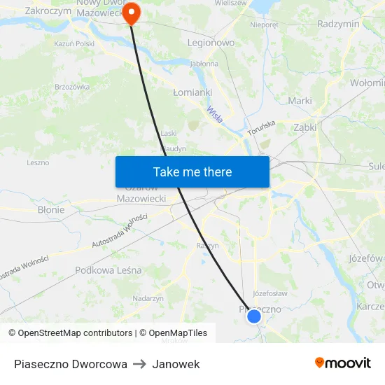 Piaseczno Dworcowa to Janowek map