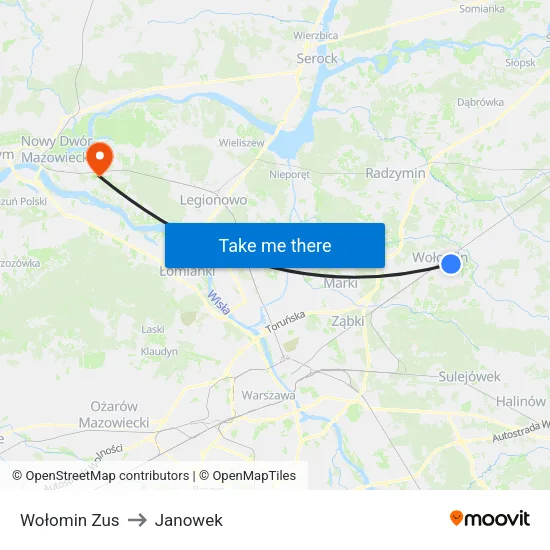 Wołomin Zus to Janowek map