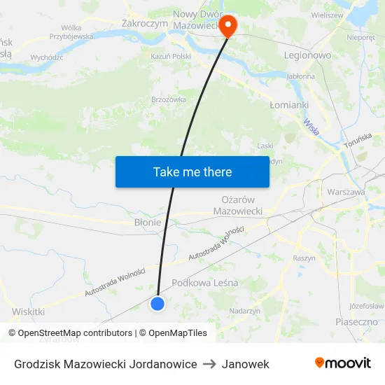 Grodzisk Mazowiecki Jordanowice to Janowek map