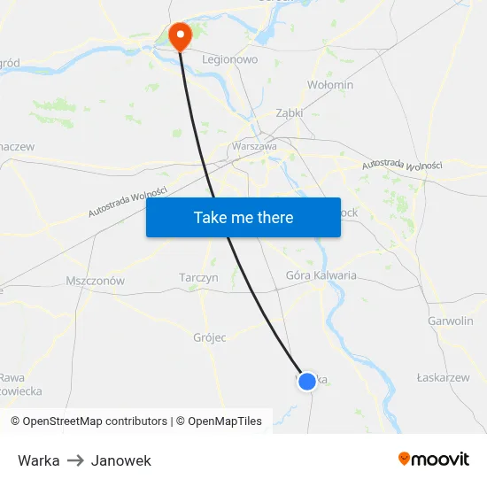 Warka to Janowek map