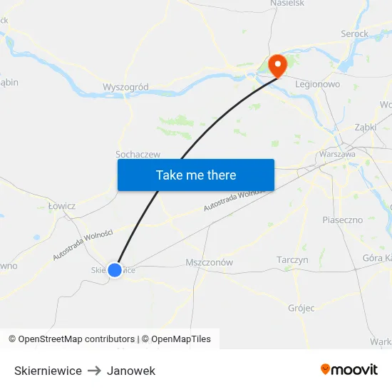 Skierniewice to Janowek map