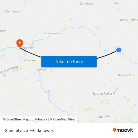 Siemiatycze to Janowek map